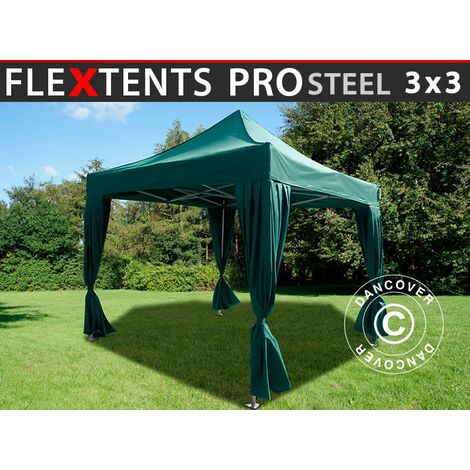 Pop up gazebo FleXtents PRO Steel 3x3 m Green, incl. 4 decorative curtains