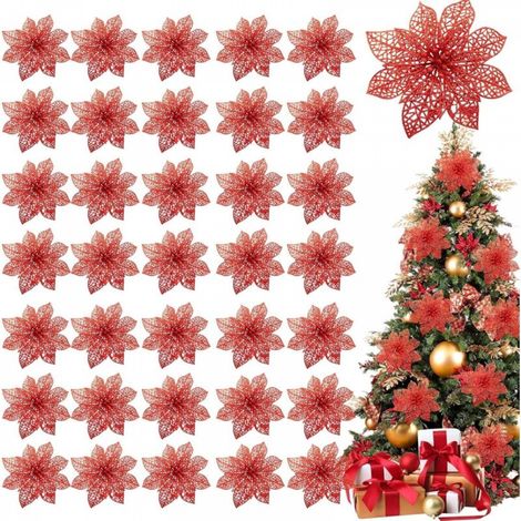 Lot de 36 poinsettias scintillants pour décorations de Noël, fleurs artificielles en soie de 10 cm pour couronnes de Noël, décorations de fête (rouge) (1/5)