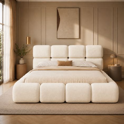 Lit double capitonné nuage 180x200 cm, tête de lit matelassée bouclé blanc, design bulles, sommier à lattes inclus, literie confortable. (1/5)