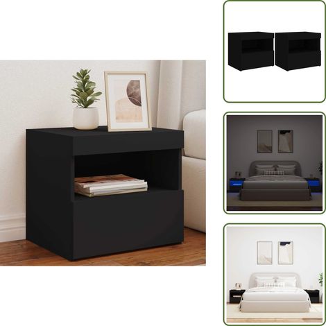 Nachttische mit LED-Leuchten 2 Stk. Schwarz 50x40x45 cm - Schwarzer Nachttisch - Holznachtt Tisch - Nachttisch Mit Beleuchtung - Wohnzimmer Möbel - Schlafzimmermöbel