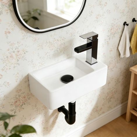 Lavabo flottant mural en céramique blanche Vasque rectangulaire 36 × 18 cm, moderne, sortie d'eau à gauche, pour petite salle de bain (1/5)