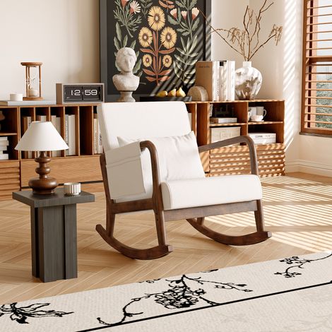 Schaukelstuhl, Sessel aus Leinen mit 1 Aufbewahrungstasche, verstellbare Rückenlehne, Loungesessel, Beine aus natürlichem Massivholz, skandinavischer Stil, Beige (1/5)