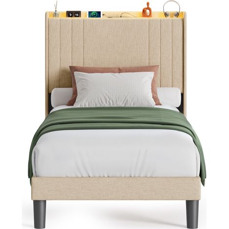 Letto Imbottito 90 x 200 Bealife Struttura letto con Luce LED e Stazione di Ricarica Letto Singolo con Testiera Tessuto in Lino Letto per Bambini e Adolescenti Beige