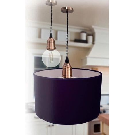 Monture suspension luminaire métal cuivré, câble tissu noir, équipée douille métal cuivré E27 + bague, 60W max - Tibelec (1/3)