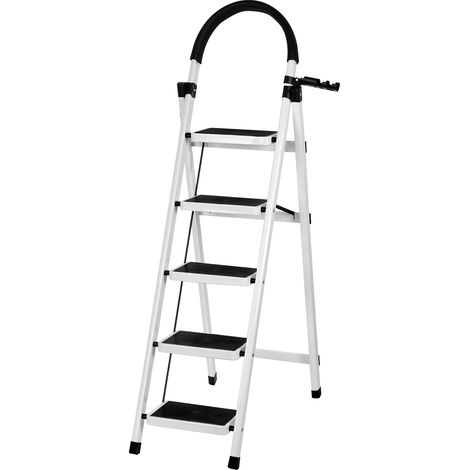 Professionelle 5-stufige Klapptrittleiter mit rutschfester, breiter Stufe, mit Griff, Sicherheit – Ideal für Bau, Malerarbeiten und Renovierung – Weiß (1/5)