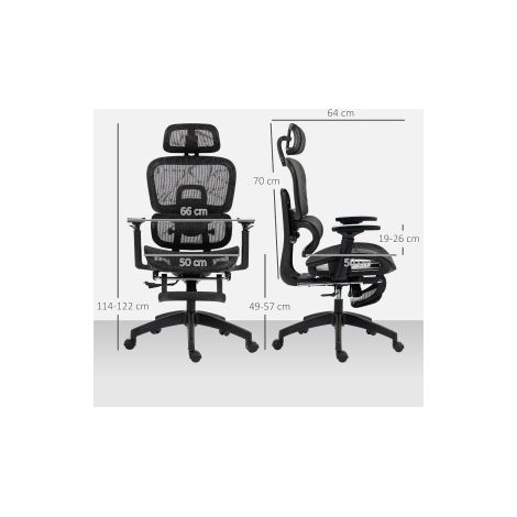 Fauteuil de bureau ergonomique avec accoudoir, appui-tête, soutien lombaire, fauteuil pivotant en maille réglable en hauteur avec fonction balancelle, fonction allongée, repose-pieds noir (1/5)