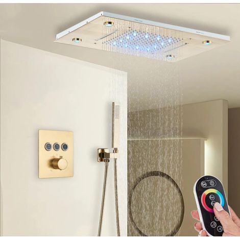 Ensemble de douche pluie thermostatique à LED,colonne de douche avec douchette à main, pommeau de douche supérieur qualité hôtelière, 3650cm,Doré