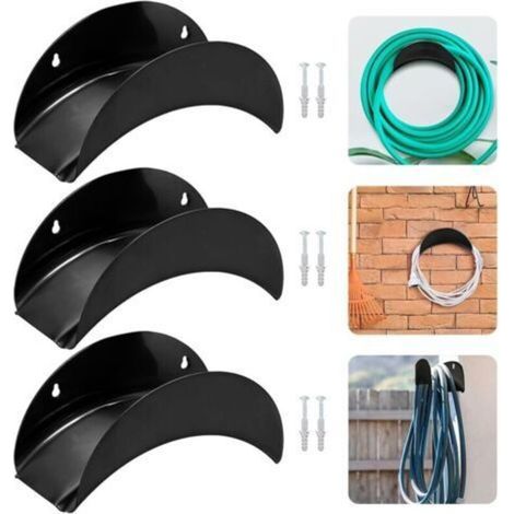 Lot de 3 supports muraux pour tuyau d'arrosage, 28 x 13 x 13 cm, crochet de suspension en métal, avec 6 vis et 6 boulons d'expansion, pour suspension de tuyau (noir)