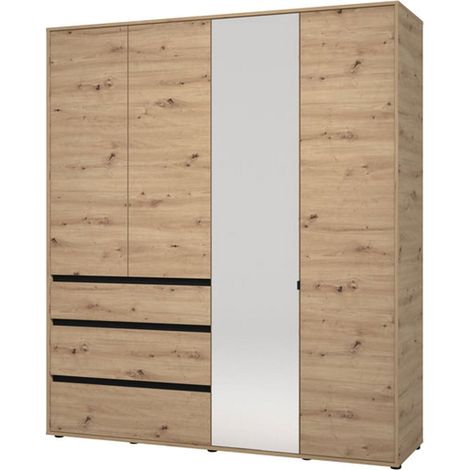 Armario grande Rifreddoo, armario de dormitorio con 4 estantes, 3 cajones, barra para colgar, 183x211h cm, marrón roble nudoso
