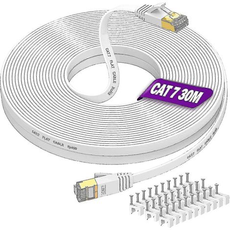 Câble Ethernet long de 30 m, Cat7, câble Internet plat haut débit, câble réseau blanc 10 Gbit/s 600 MHz RJ45, cordon de brassage LAN blindé de 30 m (1/5)
