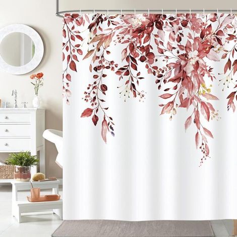 Rideau de Douche Botanique Rouge Feuilles 180x180cm,Lavables Textile Rideau de Bain imperméable pour Baignoire avec 12 Crochets (1/4)