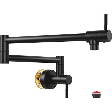Robinet de remplissage mural noir mat, pliable en laiton extensible avec bras oscillant à double joint, trou unique, deux poignées pour cuisine, restaurant (1/5)