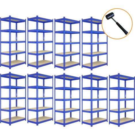 9 x Estanterías Metálicas Azules T-Rax de 90 cm x 45 cm x 180 cm  5 Niveles por Estantería  Capacidad Peso 280Kg por Estante  Marco de Acero Robusto  Fácil y Rápido Montaje Sin Tornillos (1/5)