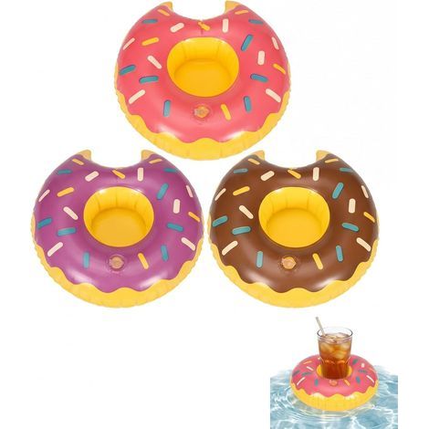 3-teiliger aufblasbarer, schwimmender Donut-Becherhalter aus pinkem, lila und braunem PVC – Stabile Untersetzer für Getränke am Pool, Strand und auf Partys (1/5)