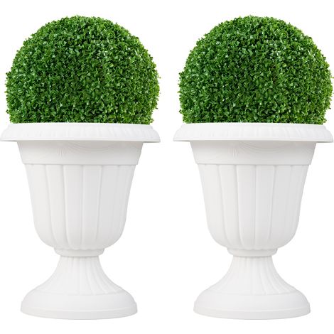 Lot de 2 Pots à Plantes Vintage en Plastique, Jardinières avec Base de Piédestal Trou de Drainage Pré-marqué, Pots de Fleurs Décoratifs, Blanc (1/5)