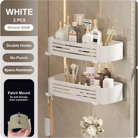 (blanc-2) Étagère murale rectangulaire pour salle de bain, porte-serviettes, porte-shampoing mural pour douche, sans perçage (1/5)