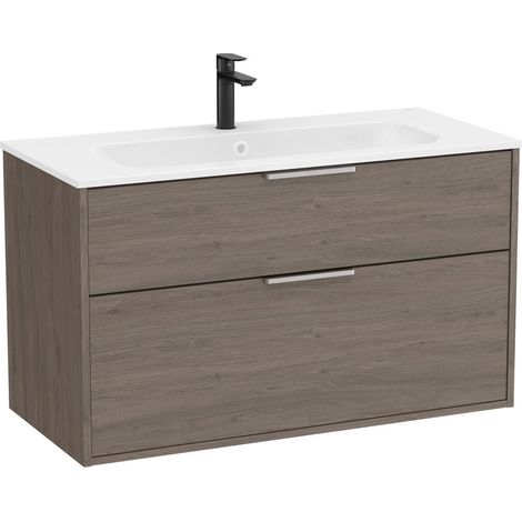 Pack meuble unik "OPTICA" 1000 - 2 tiroirs + lavabo plan en Stonex - Chêne foncé - Roca (1/2)