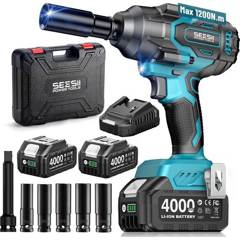 1200 N·m Brushless Cordless Impact Wrench, 1/2 Inch Electric Impact Nutrunner with 2 x 4.0Ah Battery, Quick Charger, Impact Driver with 5 Sockets for Car and Home (1/5)