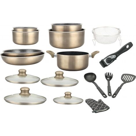Batterie de cuisine 17 pièces en aluminium forgé – Revêtement antiadhésif pierre – Poignée amovible – Compatible induction et lave-vaisselle – Herzberg