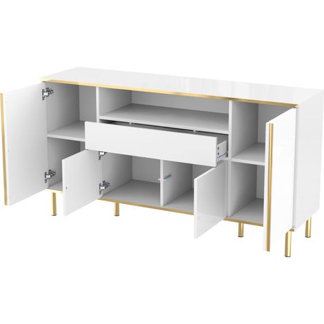 ELVMI Credenza con 4 Ante, 1 Cassetto e LED, Finitura Lucida con Dettagli Dorati, in MDF, 150×40×80 cm, Bianco (1/5)