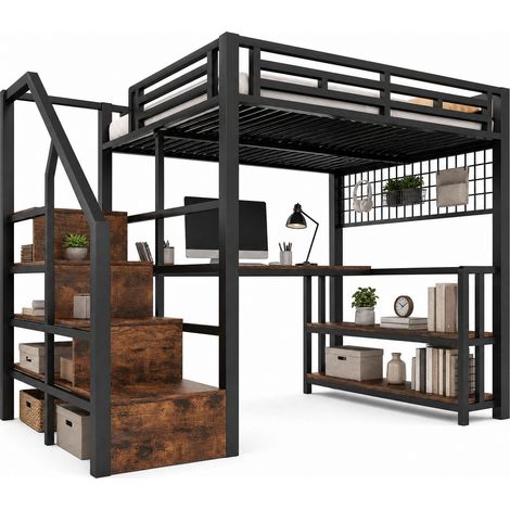 Letto a soppalco 140 x 200 cm in metallo e MDF con scrivania, scaffale, griglia portaoggetti, LED, 2 USB e 1 USB-C, nero, senza materasso - CHICFURN (1/5)
