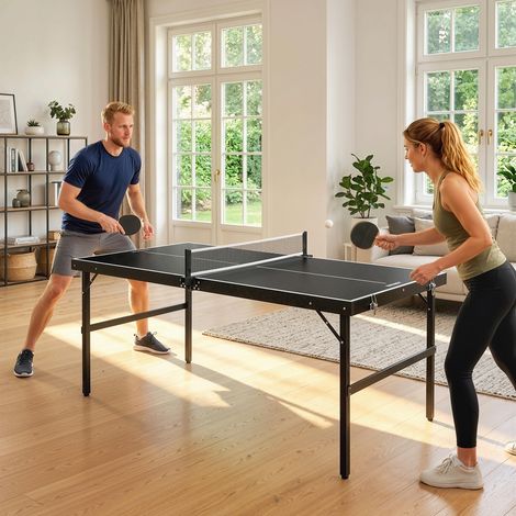 Set de ping-pong, pliable, verrou et poignée, cadre en aluminium, 152x76x72 cm, noir (1/5)