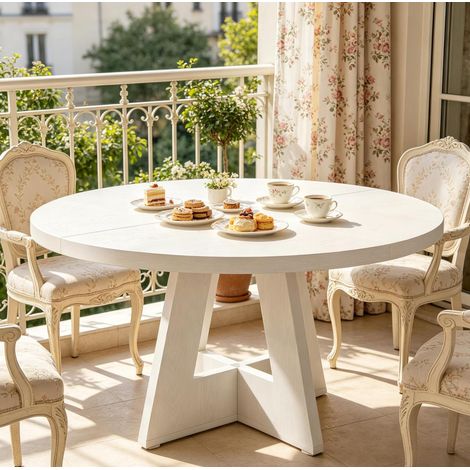 Mesa de comedor redonda de madera de ingeniería blanca Ø 120 cm, 4 plazas, estilo rústico (1/5)