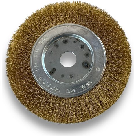 Brosse circulaire LAITON  Ø 150 mm  Epaisseur 1 rang  Fil souple 0.20 mm ondulé  Alésage 20 mm + réducteur bague 16/12 mm  Touret meuleuse affûteuse ponceuse  Kibros 215151LV