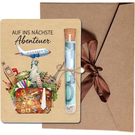 Cadeau d'argent de voyage – Support en bois original pour cadeau d'anniversaire – Emballage cadeau sur le thème de l'avion avec éprouvette (1/5)