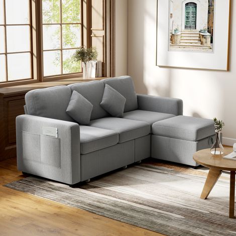 Sofa 3 Places Modulaire avec Pouf Conteneur en Velours Côtelé, 196x139x85 cm, Gris Clair (1/5)