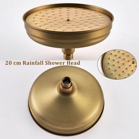 Esip – Colonne de douche thermostatique laiton antique – Pommeau effet pluie 20 cm – Douchette à main flexible 150 cm – Montage mural réglable