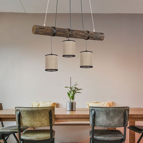 Pendellampe Esstisch Hängeleuchte Holz Wohnzimmerlampe beige, Pendelleuchte Höhenverstellbar Landhaus, Stoff Metall schwarz, 3x E27, LxBxH 65x13x140cm