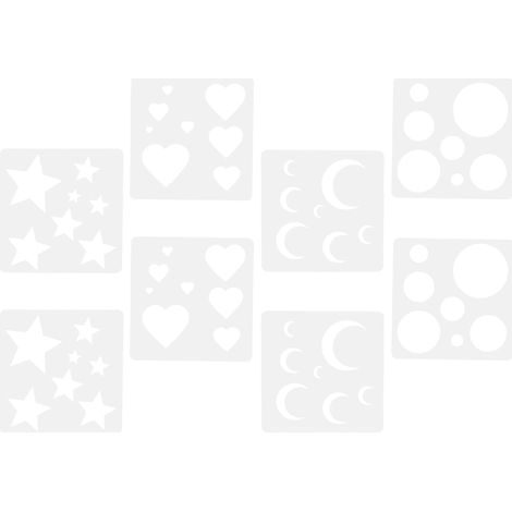 Lot de 8 pochoirs réutilisables pour loisirs créatifs : formes géométriques (lune, étoile, soleil, cœur) pour la peinture murale et la création de cartes. (1/5)