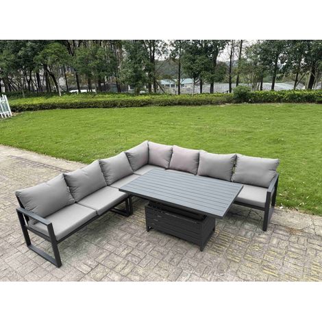 Fimous 6 Piece L-shaped Garden Furniture Set 7-Seater Aluminium Outdoor Dining Set with Adjustable Rising Lifting Dining Table Dark Grey (1/5)