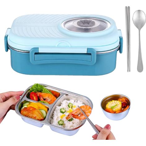 Lunch box generico in acciaio inox, a tenuta stagna, con 3 scomparti. Portapranzo portatile ideale per gli spostamenti: ufficio, scuola, bambini, studenti, camionisti e appassionati di outdoor. (1/5)