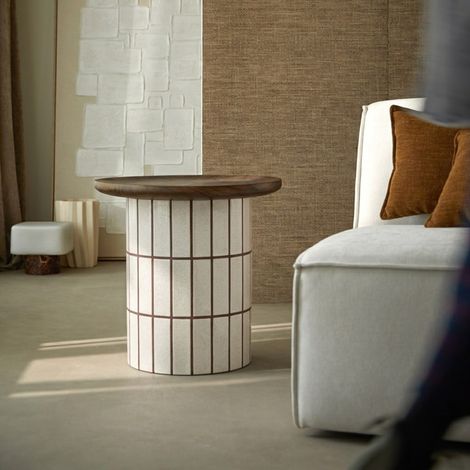 Bout de canapé rond effet céramique cream et plateau chêne Georges