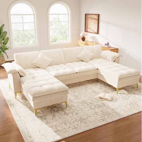 Sofá en U de 4 a 5 plazas (262x134x86 cm), con 2 chaise longues, cojines, patas metálicas doradas, chenilla beige (1/5)