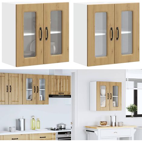 Armario de cocina de pared con puerta de cristal "Kalmar" de, roble artesanal, madera de ingeniería - Armario de pared - Cocina