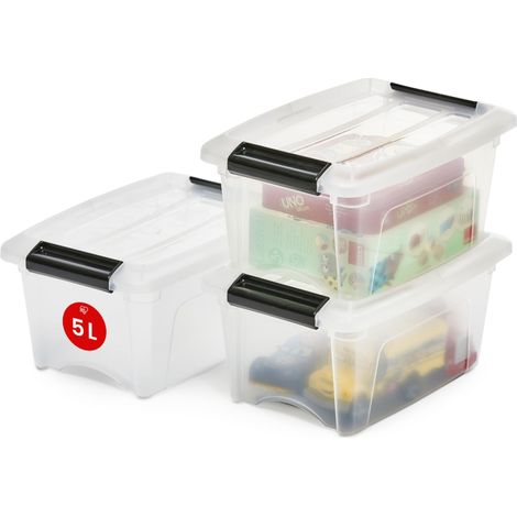 Petite Boite Rangement Plastique avec Couvercle, 5L, Lot de 3, Transparent, Clips de Fermeture, Poignée, Empilable, Organisation Solide (1/5)