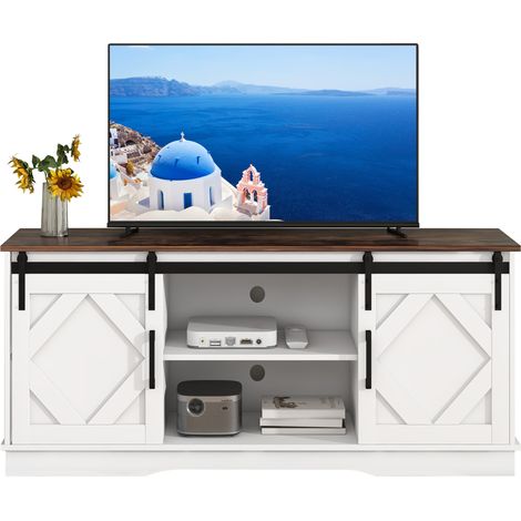 Meuble TV 150 cm avec 2 portes coulissantes, 4 niches et 2 étagères réglables, pour écran jusqu’à 65 pouces, style ferme moderne brun blanc  CHICFURN (1/5)