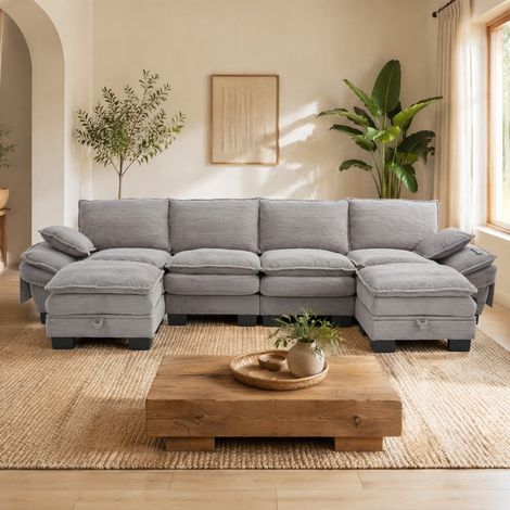 Divano modulare 4 posti in tessuto a coste grigio chiaro con 2 pouf, USB-C e tasche (1/5)