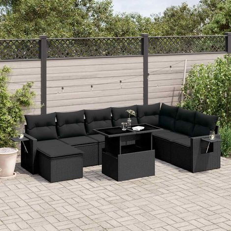 Ensemble de jardin 8 places en résine tressée noir avec coussins - Salon extérieur modulaire avec table réglable (1/5)
