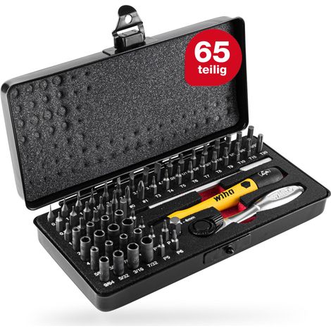 Wiha Micro Bit Set 65-tlg. inkl. Aufbwahrungsbox (39971) I Feinmechanik Schraubendreher Set mit Bit Halter, Steckschlüssel, ESD Schraubendreher Griff, Ratsche, Griff Verlängerung und Adapter (1/5)