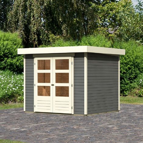 Abri Jardin Bois Massif 5.25m² Gris Terre Double Porte Vitrée Karibu Askola 3 (1/5)