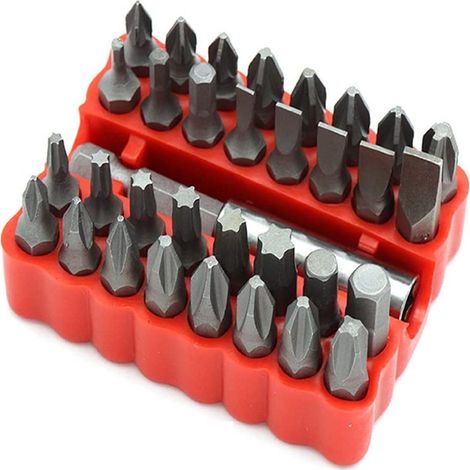 Kit de 33 pièces comprenant tournevis et forets hexagonaux et cruciformes, ainsi que des accessoires de perçage. (1/5)