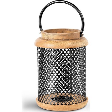 Lanterne Porte-Bougie en Bois et métal Naturel et Noir 19 x 19 x 28 cm (1/5)