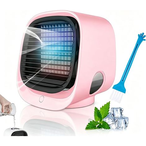 Mini Climatiseur Portable Blanc - Climatiseur Mobile Silencieux Sans Évacuation 4 en 1 Rafraichisseur d'air & Petit Humidificateur avec 3 Vitesses, Veilleuse & Rechargeable USB (Rose) (1/5)