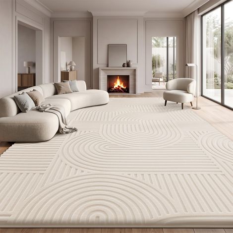 Tapis Salon 140x200cm, Tapis 3D Crème avec Design en Cercles, Tapis Flannel à Poils Courts Lavable, Antidérapant, pour Chambre, Salle à Manger, Cuisine et Bureau (1/5)