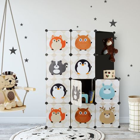 Relaxdays Steckregal Kinderzimmer, Tiermotive, Kunststoff Stecksystem, m. Türen, Kleiderschrank, m. Kleiderstange, bunt