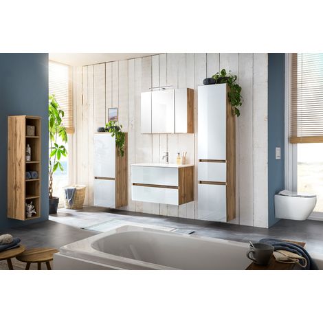 Badezimmer Komplett HEERLEN-03 in Wotaneiche Nb. mit Glasfronten weiß inkl LED-Beleuchtung und Mineralgussbecken, B/H/T: ca. 200/200/47 cm (1/5)